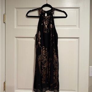 Black and Metallic Gold Halter Evening Dress